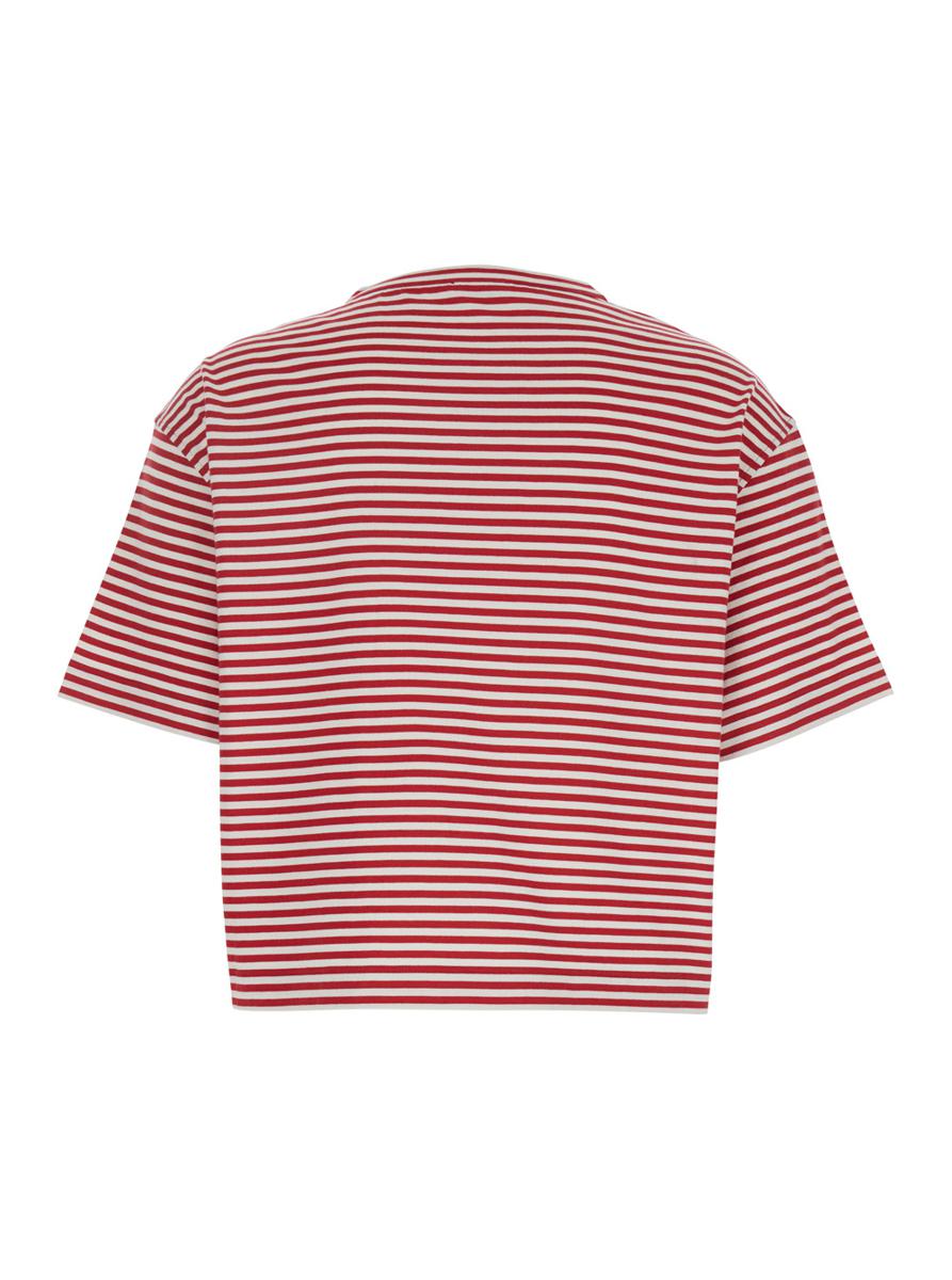 Röd rundhalsad t-shirt med heltäckande randigt motiv och juveldetalj framtill i bomull för kvinnor