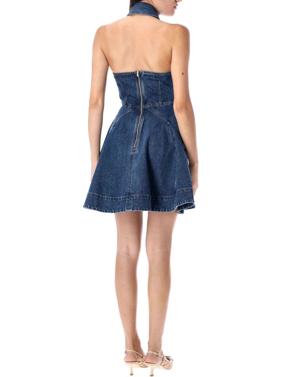 Ärmlös utsvängd miniklänning i denim med självporträtt