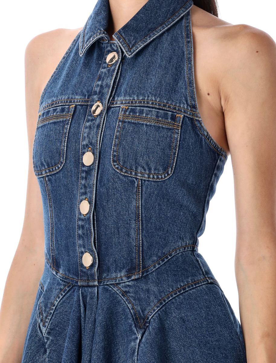 Ärmlös utsvängd miniklänning i denim med självporträtt