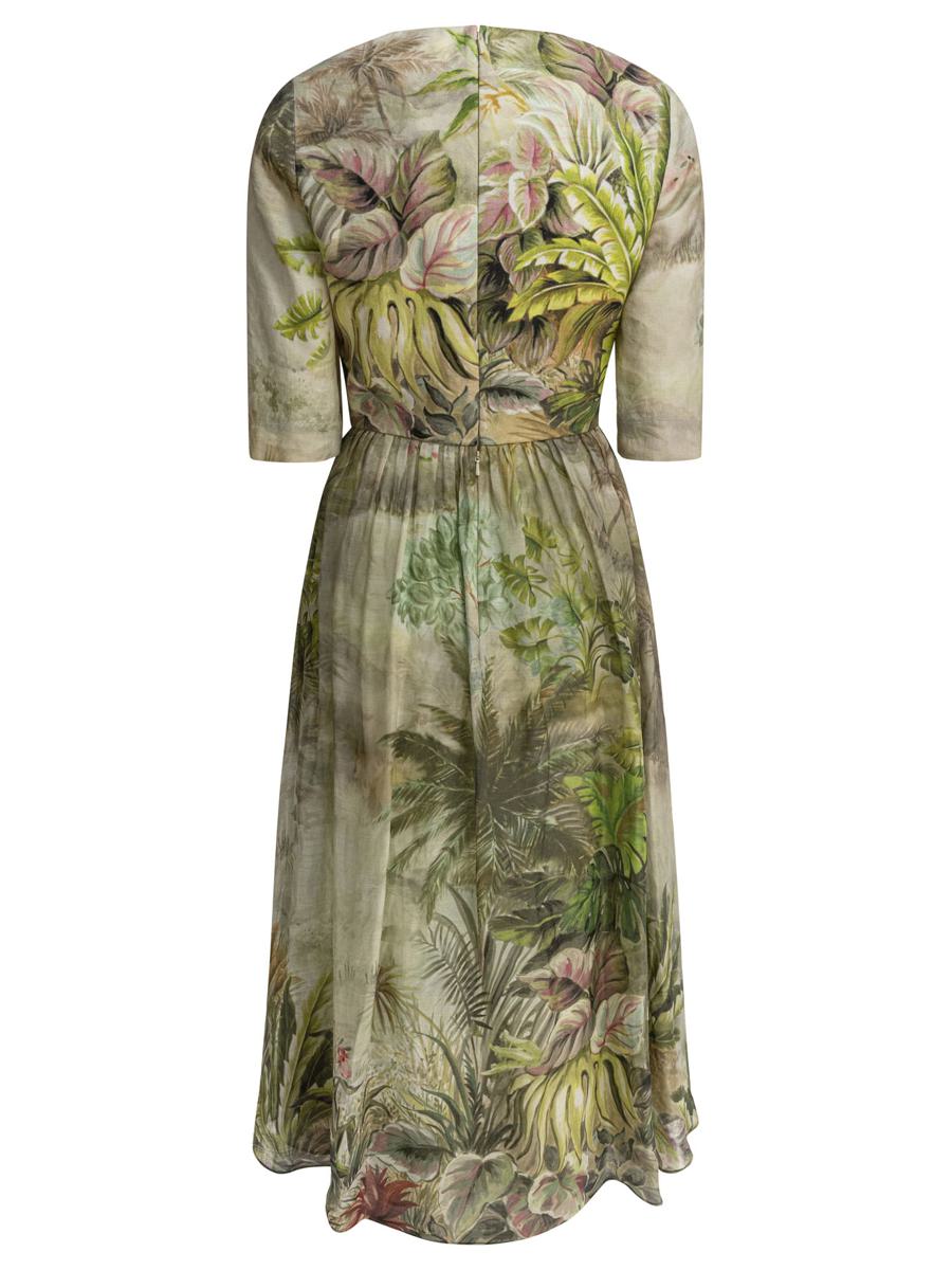 Elie Saab Mönstrad Linne- Och Sidenklänning i Midi-Stil Oasis Ii38 Linne