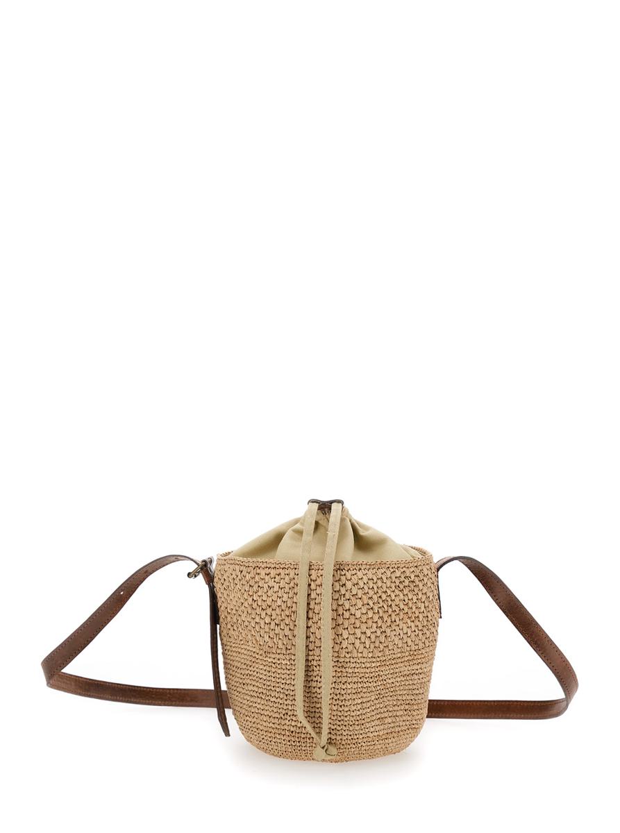 'Maika' Beige Bucket Bag Med Toppknäppning Med Dragsko I Raffia Dam