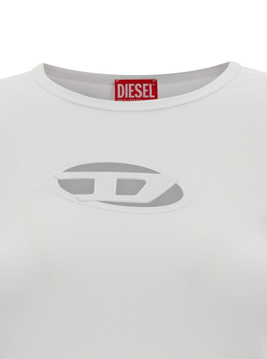 Vit t-shirt med oval D-utskärning i stretchig bomull för kvinnor