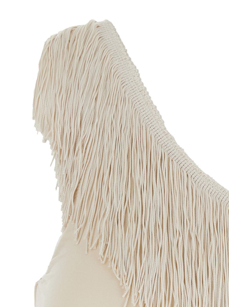 Beige topp med en axel och fransar i stretchigt tekniskt tyg för kvinnor