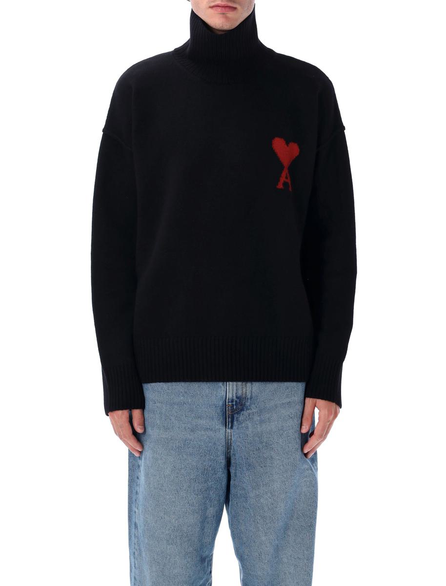 AMI Paris Black Wool De Coeur Turtleneck