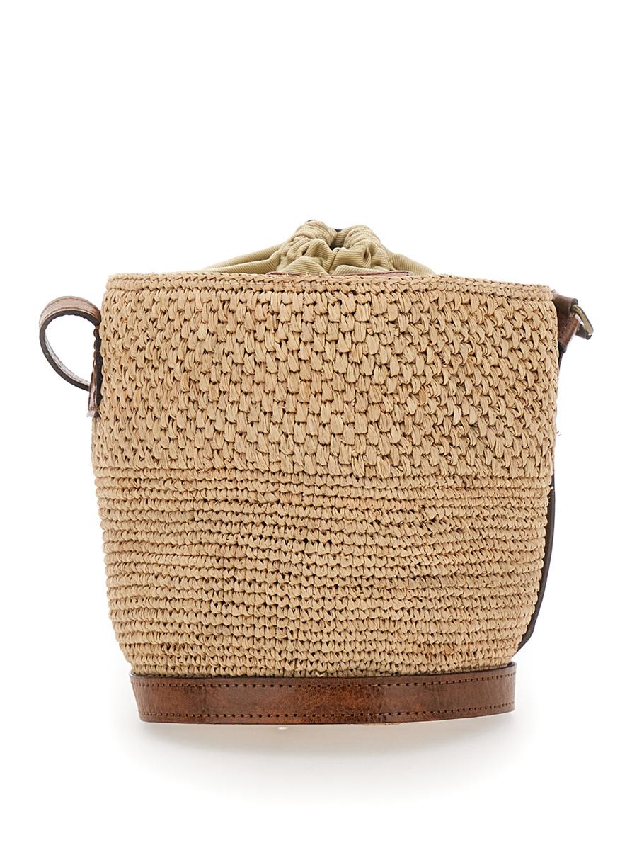 'Maika' Beige Bucket Bag Med Toppknäppning Med Dragsko I Raffia Dam