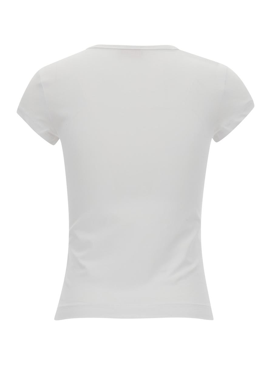 Vit t-shirt med oval D-utskärning i stretchig bomull för kvinnor