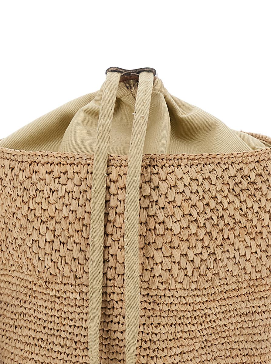'Maika' Beige Bucket Bag Med Toppknäppning Med Dragsko I Raffia Dam