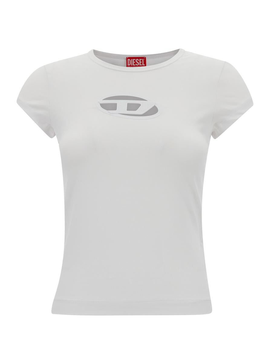 Vit t-shirt med oval D-utskärning i stretchig bomull för kvinnor