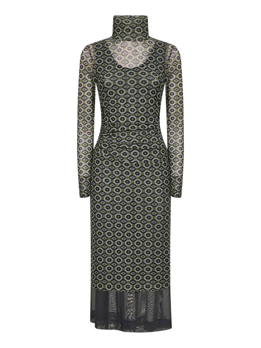 Dries Van Noten Grön Mönstrad Mesh Layered Midiklänning