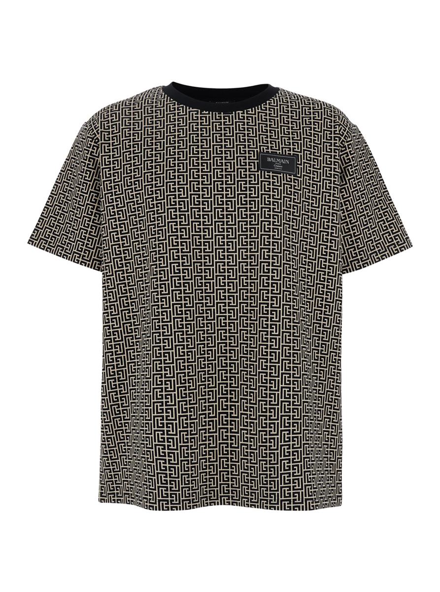Grå t-shirt med logotyp på bröstet och labyrintmotiv i bomullsmönster