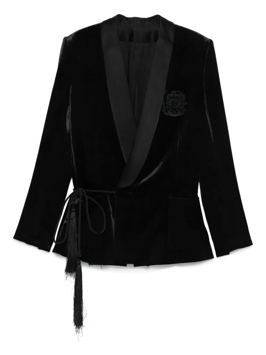 Balmain sammet &amp; satin sidoskärpad jacka med tofsar