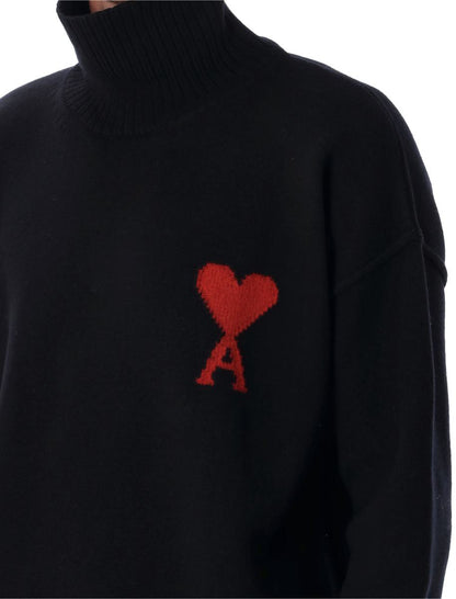 AMI Paris Black Wool De Coeur Turtleneck