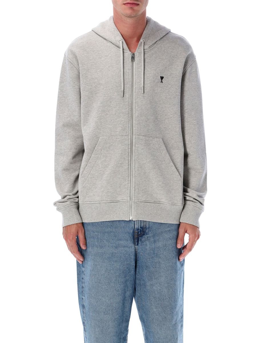 AMI Paris Grå Hoodie Cotton De Coeur med dragkedja