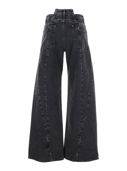 Svarta jeans med vida ben och fyra sömmar, logotyp i denim för kvinnor