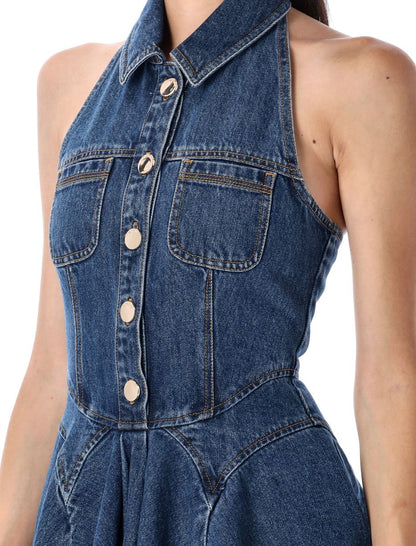 Ärmlös utsvängd miniklänning i denim med självporträtt