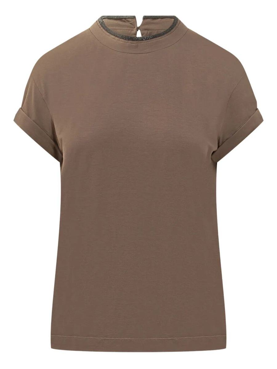 Brunello Cucinelli – Stretchig bomullsjerseyt-t-shirt med dyrbara lager-på-lager-mönster