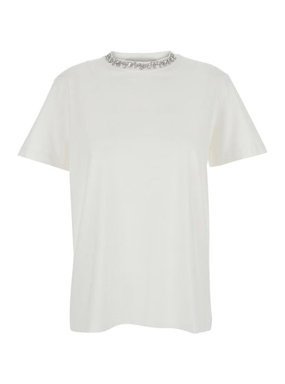 Vit rundhalsad t-shirt med strassdekorationer på kragen och logotypdetalj baktill i bomull för kvinnor