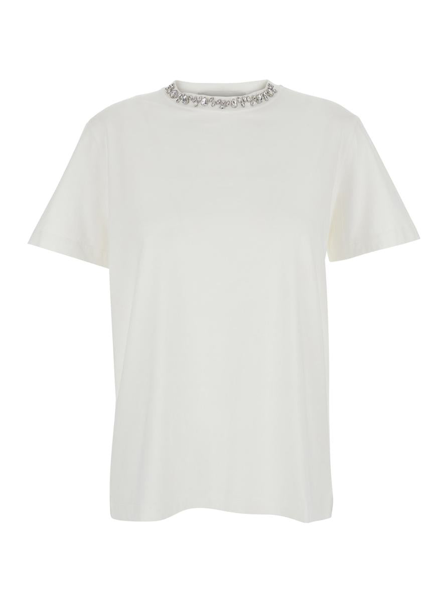 Vit rundhalsad t-shirt med strassdekorationer på kragen och logotypdetalj baktill i bomull för kvinnor