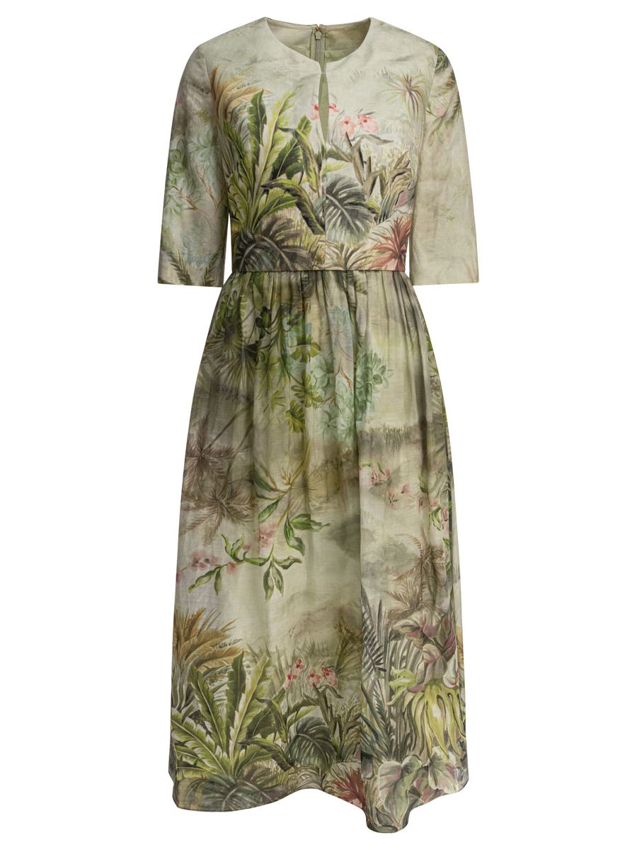 Elie Saab Mönstrad Linne- Och Sidenklänning i Midi-Stil Oasis Ii38 Linne