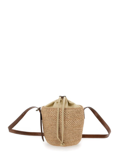 'Maika' Beige Bucket Bag Med Toppknäppning Med Dragsko I Raffia Dam