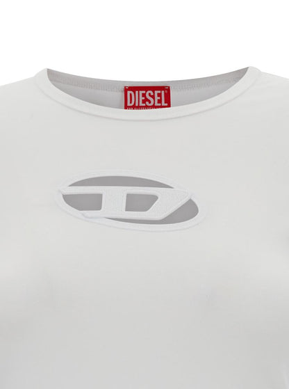 Vit t-shirt med oval D-utskärning i stretchig bomull för kvinnor