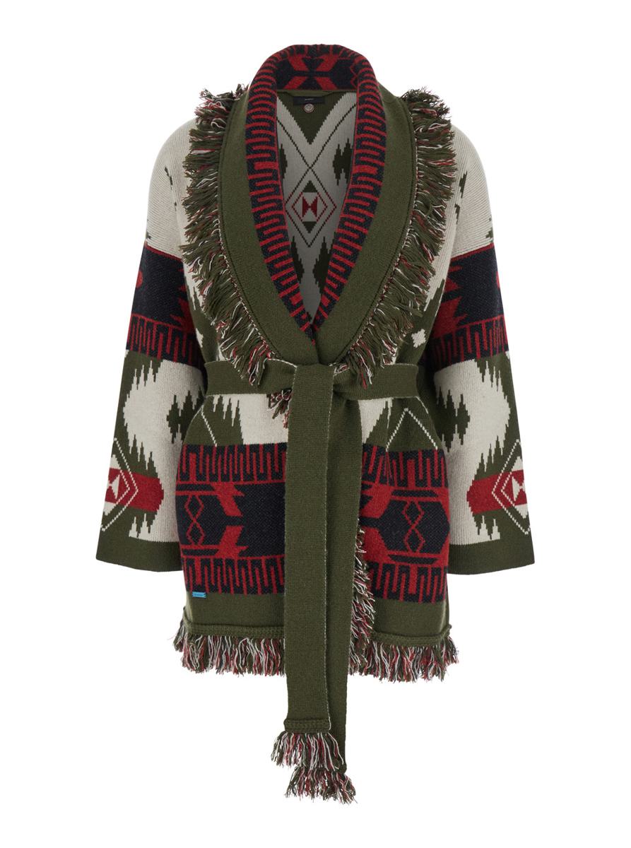 Icon Jacquard Cardigan Elfenbensvit/Olivgrön