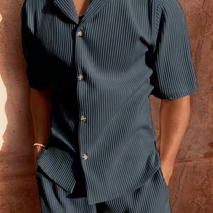 2 Peças Conjunto Casual Masculino de Verão, Camisa Manga Curta com Calça de Cordão och Tecido Não Elástico, Corte Regular för Uso Diário e Praia, Cor Sólida