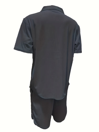 2 Peças Conjunto Casual Masculino de Verão, Camisa Manga Curta com Calça de Cordão och Tecido Não Elástico, Corte Regular för Uso Diário e Praia, Cor Sólida
