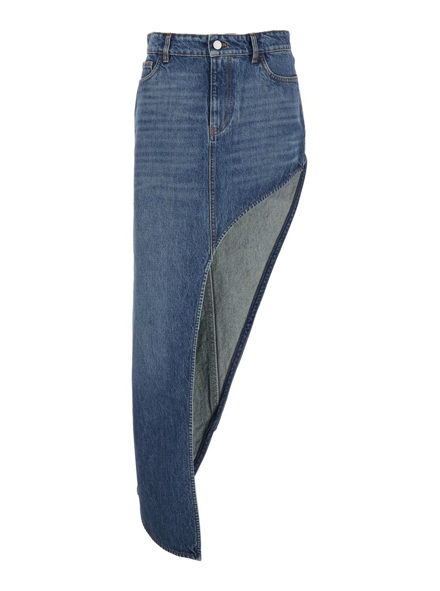 Blå kjol med logotypmärke baktill och diagonal enbensskuren denimkvinna