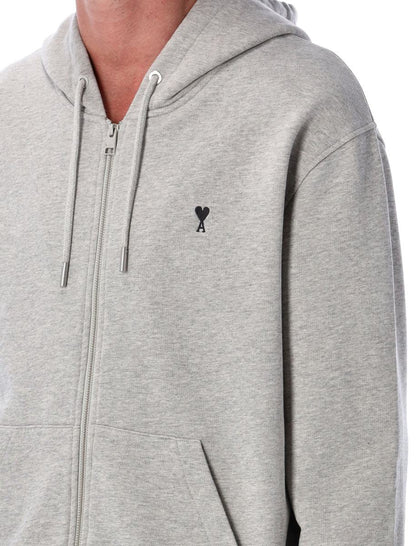 AMI Paris Grå Hoodie Cotton De Coeur med dragkedja