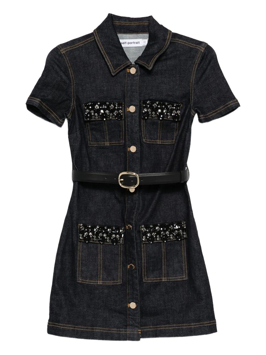 Självporträtt Indigo Denim Miniklänning med Kristalldetaljer