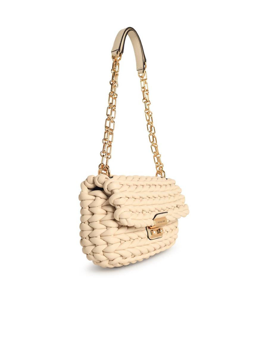Michael Kors Tribeca axelväska i ljust krämfärgat flätat läder