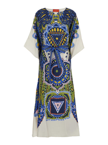 Flerfärgad kaftan med skärp i midjan och heltäckande grafiskt tryck i siden för kvinnor