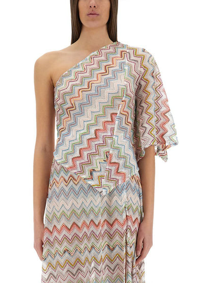 Missoni – Topp med en axel och 3D-lamézigzagmönster