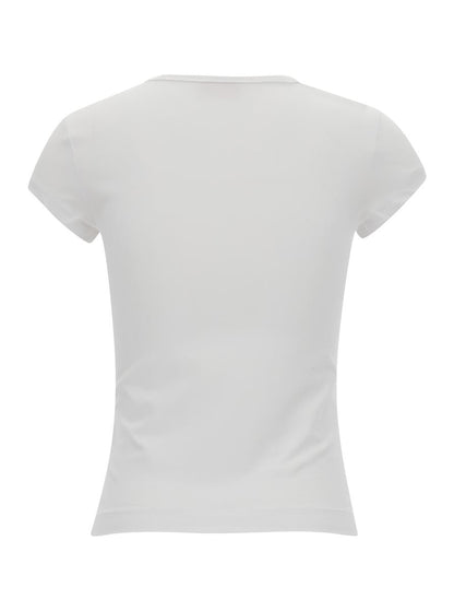 Vit t-shirt med oval D-utskärning i stretchig bomull för kvinnor