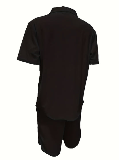 2 Peças Conjunto Casual Masculino de Verão, Camisa Manga Curta com Calça de Cordão och Tecido Não Elástico, Corte Regular för Uso Diário e Praia, Cor Sólida