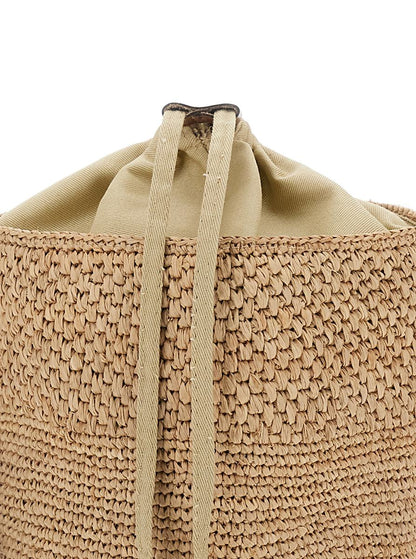 'Maika' Beige Bucket Bag Med Toppknäppning Med Dragsko I Raffia Dam
