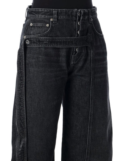 Jean Paul Gaultier svarta denimjeans med lös passform och remmar