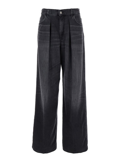 Svarta jeans med veck fram och logotypmärke bak i bomull för kvinnor