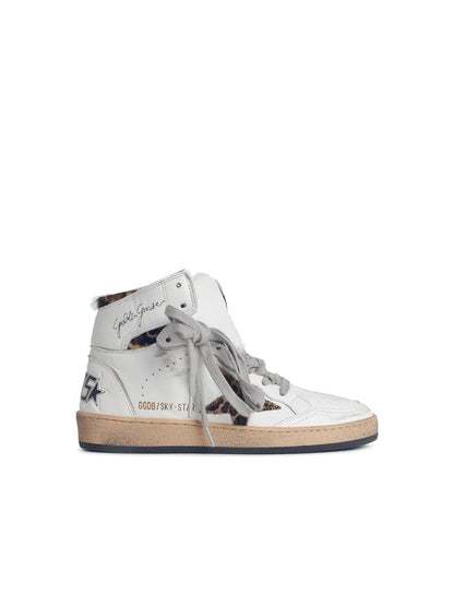 Golden Goose 'Sky-Star' Vita Lädersneakers med Ankelsignatur och Leopard-ponnyhårsinsatser