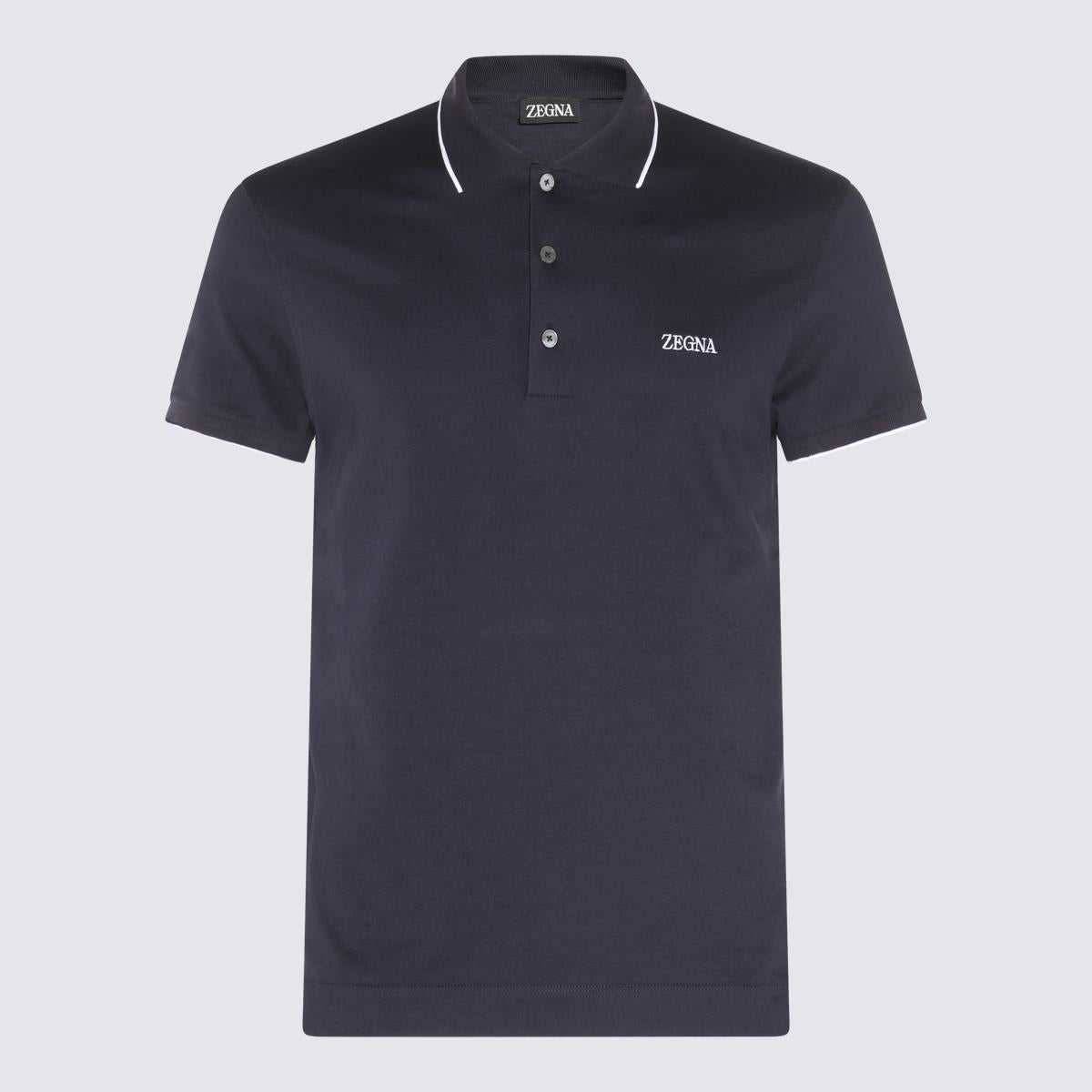 Zegna marinblå och vit bomullspolotröja