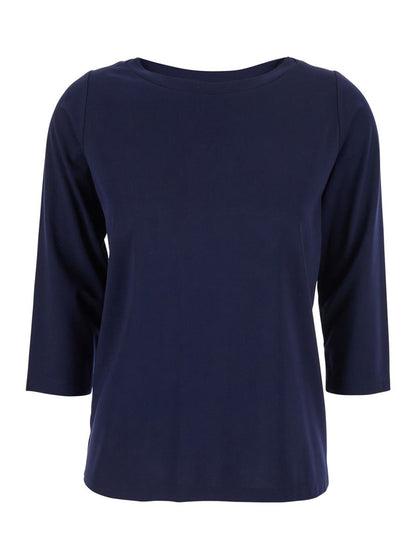 Blå t-shirt med rund hals och trekvartsärmar i tyg för kvinnor