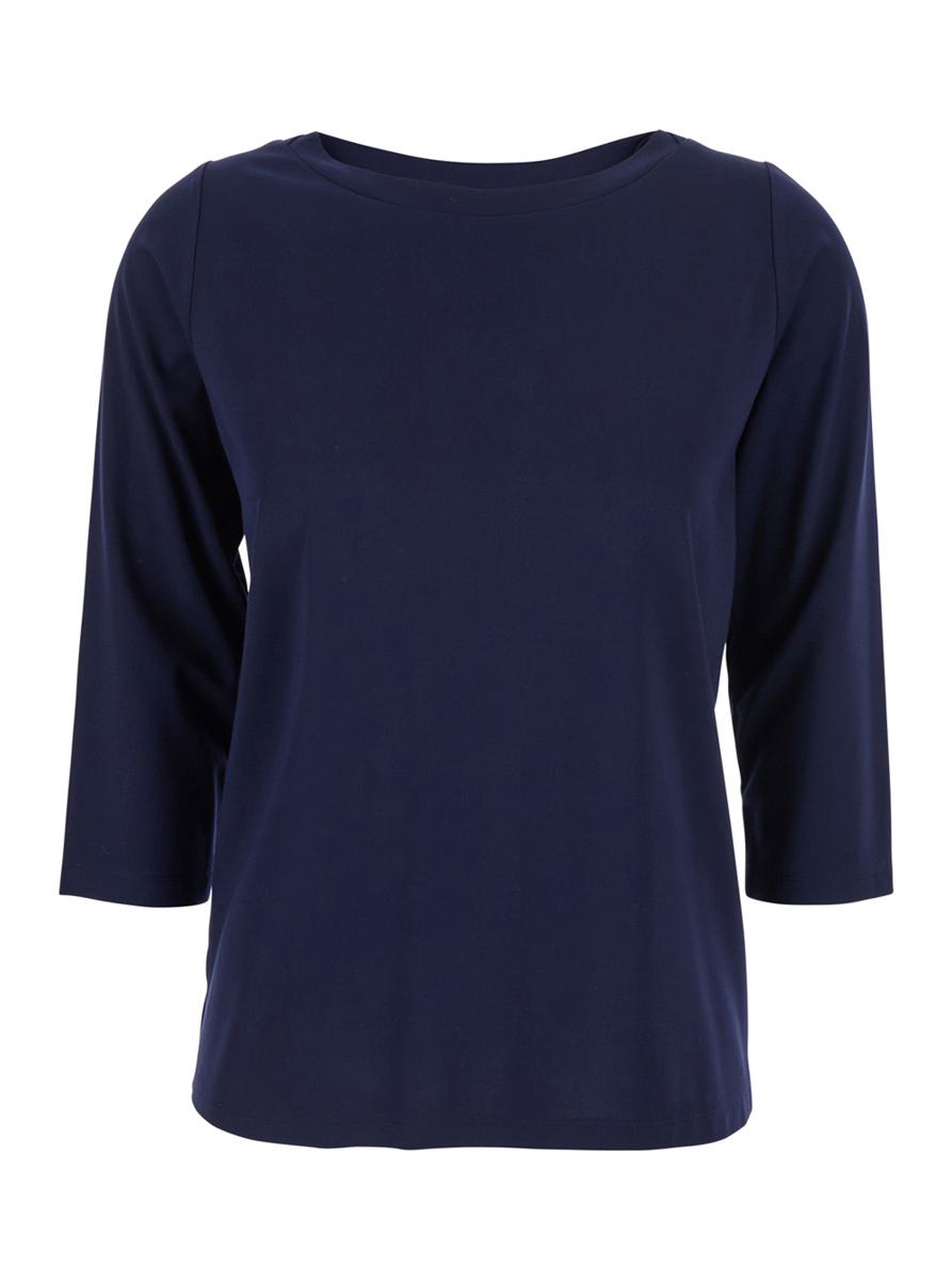 Blå t-shirt med rund hals och trekvartsärmar i tyg för kvinnor