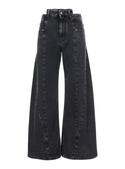 Svarta jeans med vida ben och fyra sömmar, logotyp i denim för kvinnor