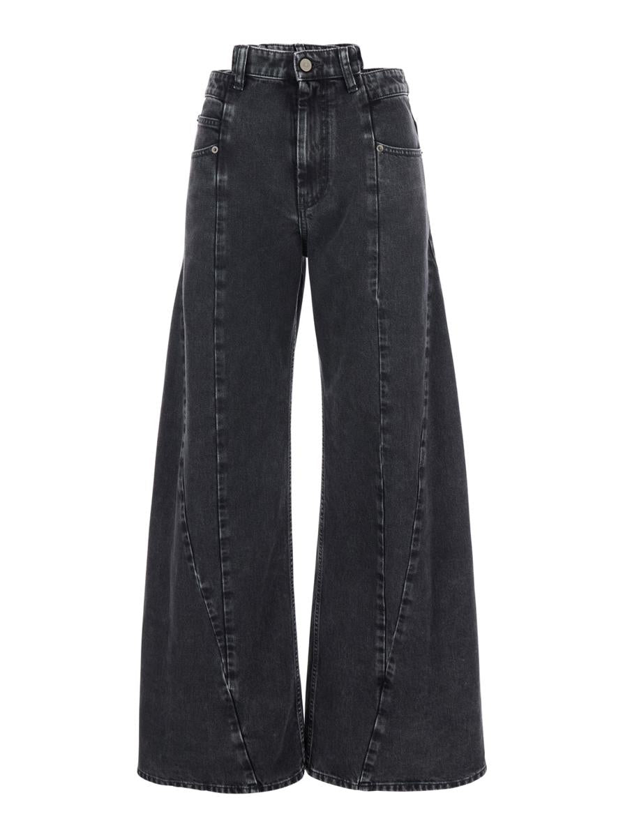 Svarta jeans med vida ben och fyra sömmar, logotyp i denim för kvinnor