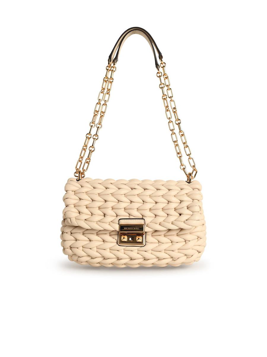Michael Kors Tribeca axelväska i ljust krämfärgat flätat läder