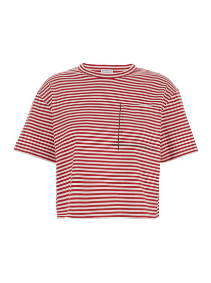 Röd rundhalsad t-shirt med heltäckande randigt motiv och juveldetalj framtill i bomull för kvinnor
