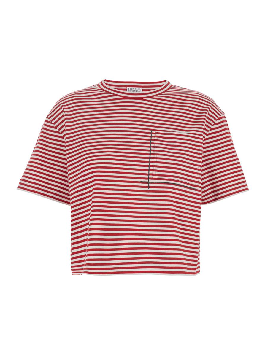 Röd rundhalsad t-shirt med heltäckande randigt motiv och juveldetalj framtill i bomull för kvinnor