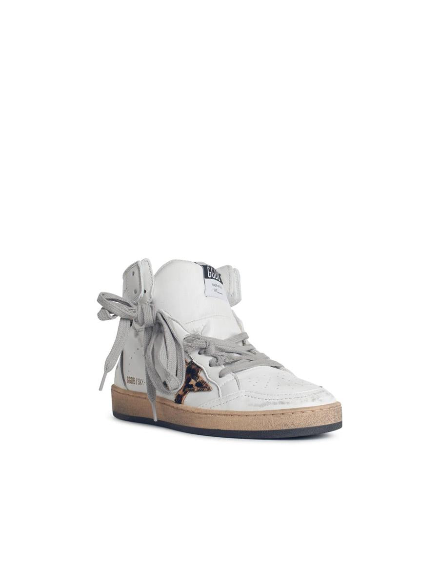 Golden Goose 'Sky-Star' Vita Lädersneakers med Ankelsignatur och Leopard-ponnyhårsinsatser