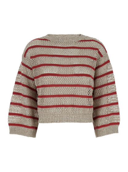 'Bländande randig' beige tröja med randigt mönster och öppet mönster i linnefärgad dammodell